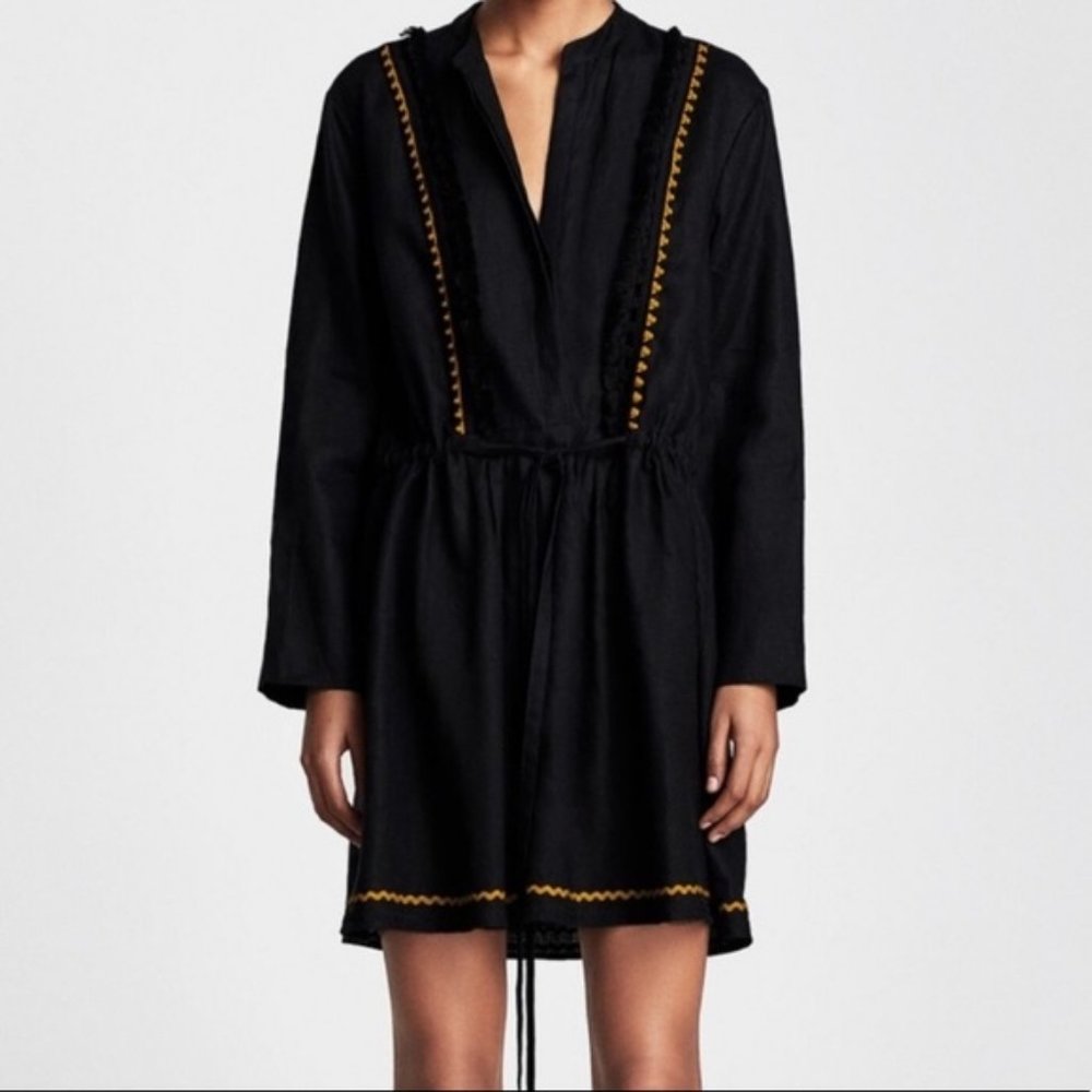 zara | linen tassel ric-rac tunic dress black s